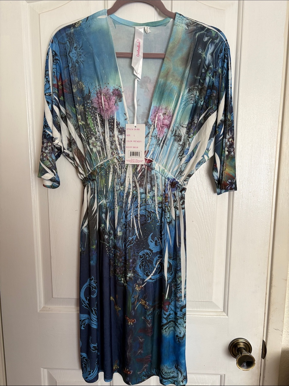 Cristinalove Blue Teal Floral Print V-Neck Midi Dress